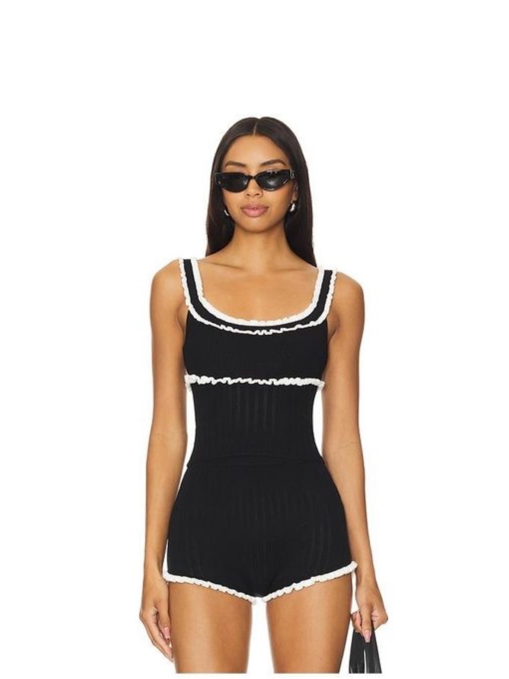 MAJORELLE Black Romper with White Ruffle Trim